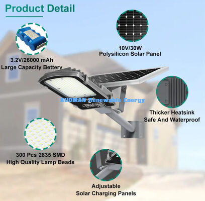IP65 ضد آب 300W-500W تقسیم نور خورشیدی خیابان با باتری LiFePO4 و پنل خورشیدی