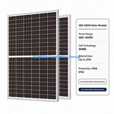 پانل خورشیدی دو طرفه 480W-500W، تا 25٪ افزایش قدرت اضافی در سمت عقب